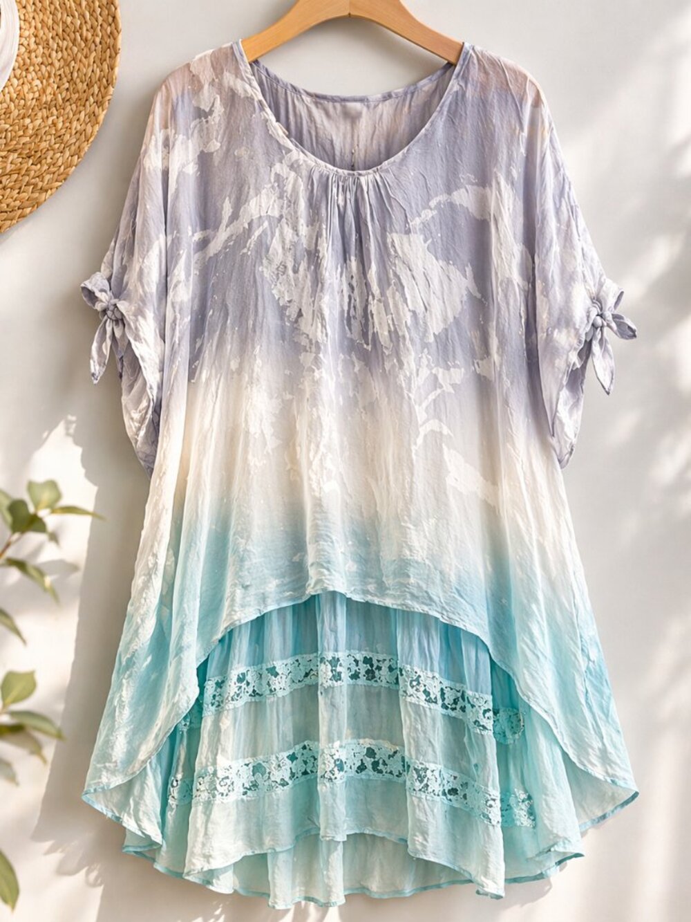 Boho Silk Tunic Dress Ombre Lace Hem Lagenlook Beach Resort Made in Italy S M